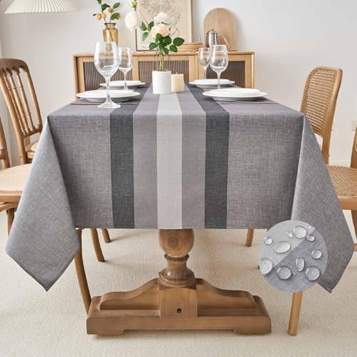 Kiatuniya Tovaglia Antimacchia 240 x 140 cm Grigio Blu Strisce Autunnale Moderna Rettangolare Lavabile Impermeabile Effetto Lino Tovaglie per Cucina Ristorante Giardino Esterno Feste