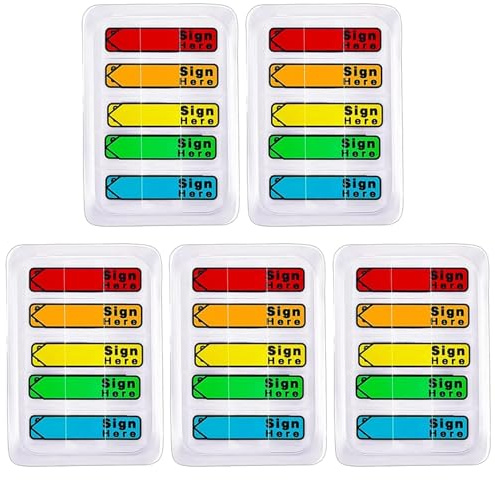 5 Pack 500 Pcs Sign Here Sticky Tabs, Multicolor Sign and Date Post It Flags, Signature Tabs, Initial Here Post It Flags, for Notary, Office, Books, Documents (500pcs)