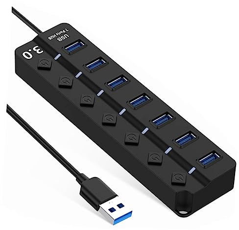 Concentrador USB 3.0 de 7 Puertos Negro Abs Plug and Play | Luz LED de Encendido, Divisor USB de Alta Velocidad, Adaptador de Puerto para Portátil y PC