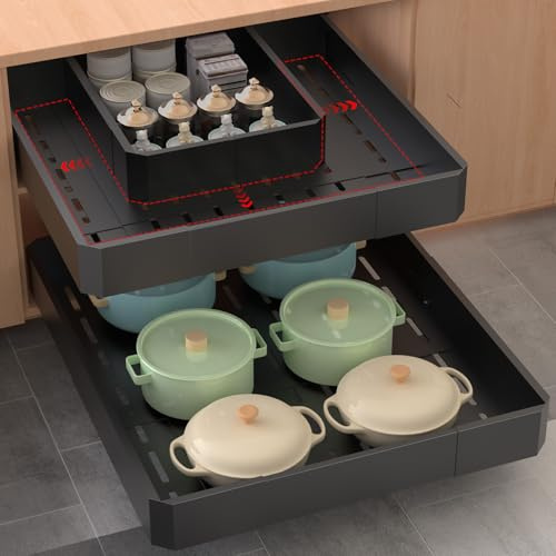 Timboniture Pull out Cabinet Organizer,Adjustable Width (14-19) and Depth (17-24) Expandable,No Drill Slide out Drawers for Kitchen,Pantry,Adhesive Roll out Shelves,for Cabinets Without Lip