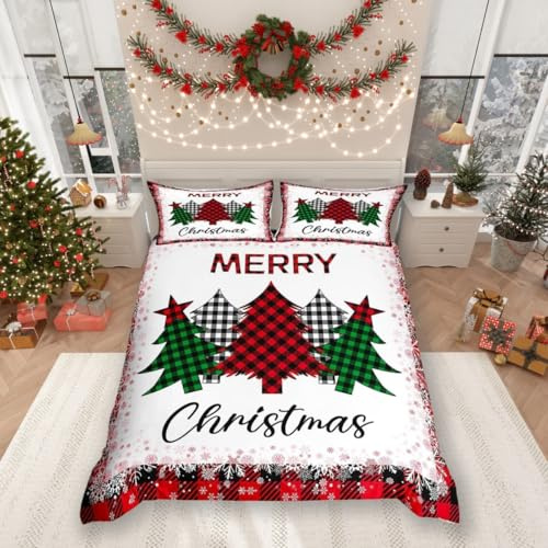 feelingyou Christmas Tree Duvet Cover Double,Red Green Black Plaid Comforter Cover for Kids Teens Adults Bedroom Decor,Xmas Snowflake Happy New Year Bedding Set 2 Pillowcases,No Comforter