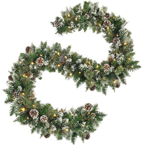 OasisCraft 270 cm vorbeleuchtete Weihnachtsgirlande mit Tannenzapfen, künstliche schneebedeckte Tannengirlande, 50 LED-Batteriebetriebene Warmlichter, Indoor & Outdoor