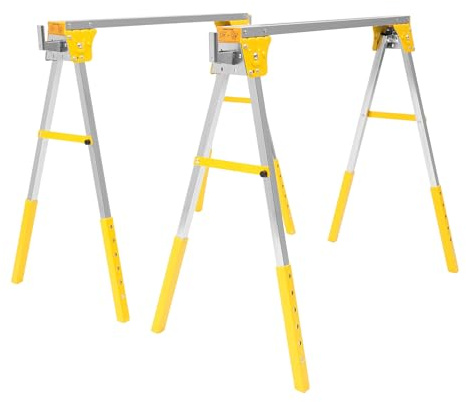 2Pcs Folding Saw Horses Pack Heavy Duty Workbench Metal Trestle Stands with Anti-Slip Top, Each Sawhorse Supports Up to 227kg. (Yellow)
