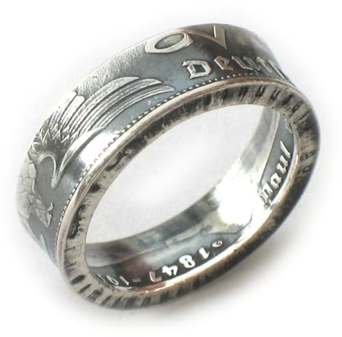 Generisch Münzring 2 Reichsmark 1936-1939 Adler, original Münze Silber 625 im Vintage Finish + Schmuckbeutel - Silberring Handgefertigt in Deutschland, Herren Ring Damen