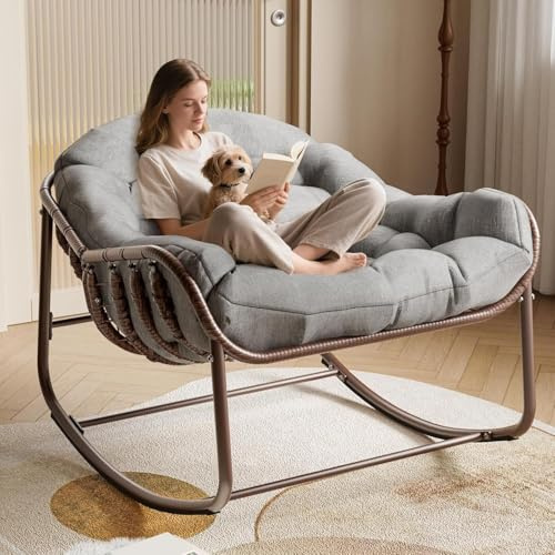 Outdoor Patio Schaukelstühle, Überdimensionierter Papasan-Schaukelstuhl für Innen mit Gepolstertem Kissen - Ei-Schaukelstuhl für Wohnzimmer, Veranda, Garten, Terrasse, Hinterhof (Dunkelgrau)