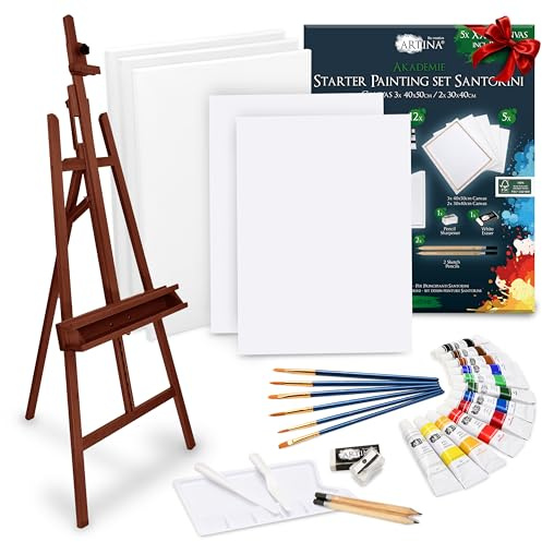 Artina 30tlg. Malset mit Staffelei Acrylfarben Keilrahmen für Leinwände | inkl. Holz Nußbaum-Optik Pinsel bis 120cm Künstler Set Einsteiger Barcelona Santorini