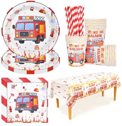 CIOXSOIO Set di Stoviglie per Feste Camion dei Pompieri, 20 Piatti di Carta, 20 Bicchieri, 20 Tovaglioli, 20 Cannucce e 1 Tovaglia, 20 Ospiti Stoviglie per Decorazione Festa di Compleanno Bambini