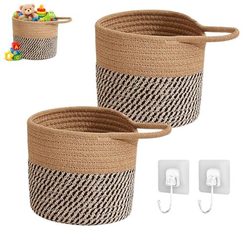 2 stycken hängande korg – 15 x 15 cm väggkorgar bomullsrep med handtag, liten vävd förvaringskorg, för växter, blomkrukor, dekoration och förvaring i kök, badrum (kaffe/svart)