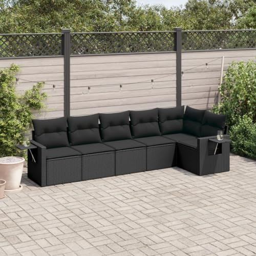 JHQHSM Set di 6 divani da giardino con cuscino in polyrattan nero, design modulare con vano portaoggetti e sacchetto impermeabile, ripiani pieghevoli, rivestimenti rimovibili, in rattan PE per