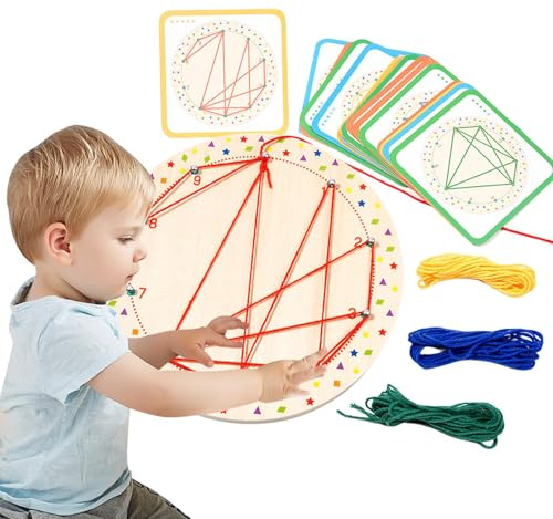 Générique Planchette de Jeu Mathématique en Bois,Jouet Ludique aux Motifs Éducatifs,Plateau en Bois avec Cartes et Élastiques | pour Salle de Classe, École, Divertissement et Motricité