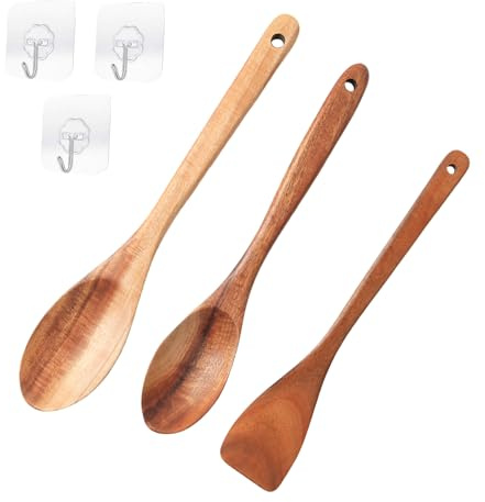 Luckwaii 3 Piece Wooden Spoons for Cooking with 3 Adhesive Wall Hooks | Heat Resistant Wooden Cooking Non-Stick Slotted Wood Bamboo Spoon Wooden Spatula for Serving Stirring Kitchen Utensils