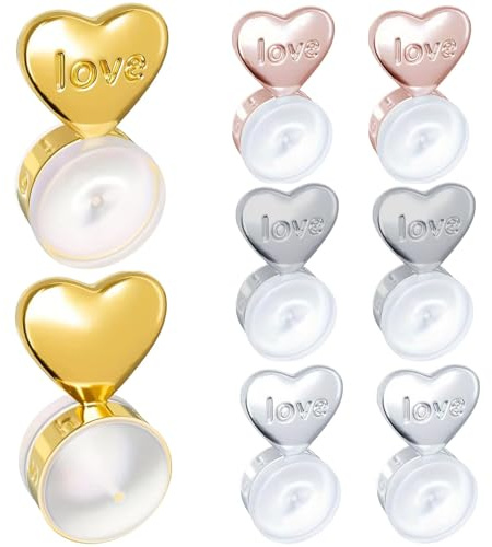 KNUIUYY 4 Pares Tuercas Pendientes de Corazón,Tuercas Hipoalergenicas Cierres Elevadores De Pendientes Para Lobulos Caidos O Rasgados, Sujeta y Levanta Pendiente, Regalo Cumpleaños para Mamá, Pareja