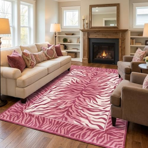 BreezeRise 5x7 Area Rugs for Living Room,Modern Artistic Hot Pink Tiger Print Faux Cashmere Short Pile Rug, Non-Slip Foldable, Bedroom, Nursery, Modern Home Indoor Decor