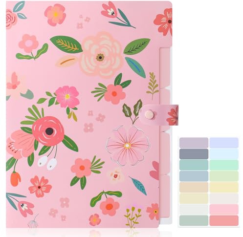 A4-mapp med 5 fack, dokumentmapp med lås, rosa blommor, organisationsmapp