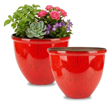 M1SS Set of 2 Ceramic Look Planters – 30cm Glazed Finish Decorative Indoor & Outdoor Flower Pots for Home Decor (Glossy Cherry Red)