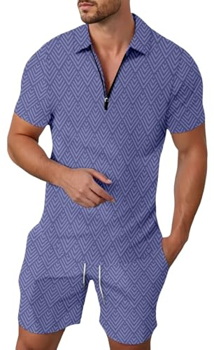 Tobysper Tuta da jogging da uomo, set da 2 pezzi, estiva, casual, da lavoro, con chiusura lampo e pantaloni corti, leggera, traspirante, per il tempo libero