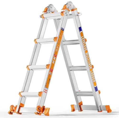 Échelle Polyvalente à 4 Niveaux,4,2 m, avec Tige stabilisatrice et Roues, capacité de Charge 150 kg, échelle de sécurité a pour échelles, Maison intérieure et extérieure, Toit