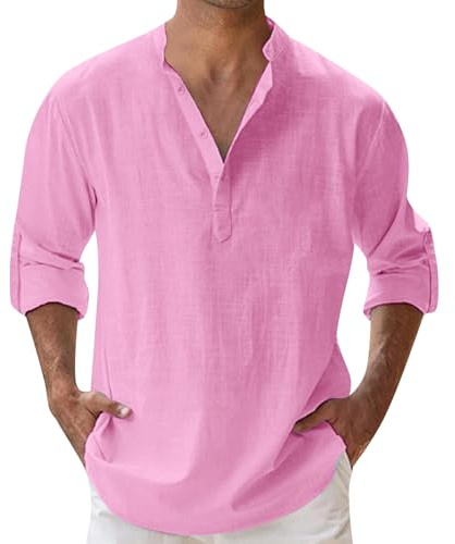 Camicia Lino Uomo,Maniche Lunghe Regolabili,Collo Coreano Slim Fit,con Taschino,Traspirante e Leggera,con Bottoni Shirts Casual Estiva Henley Shirts,Tempo Libero e Spiaggia S-5XL