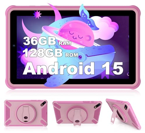 Generico Tablet 7 Pouces Android 15 Tablette avec 5G WLAN,36GB+128GB/TF 1TB/8MP+5MP/6500mAh,Tablette avec Clavier,Rose
