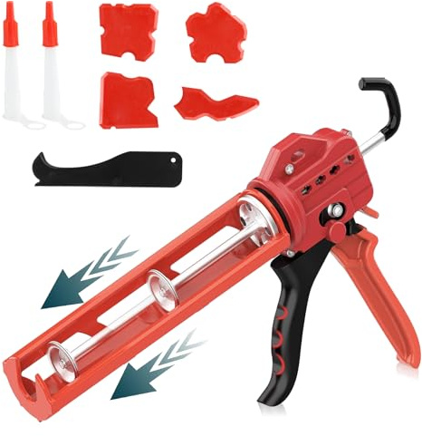 Heavy Duty Sealant Caulking Gun, 18:1 Adjustable Thrust Ratio, Comfort Grip Mastic Gun Kit with Caulk Remover & 2 Nozzles, for 310ml Cartridges, DIY & Professional Sealing