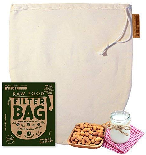 NECTARBAR Nötmjölkpåse av bomull 25 x 30 cm – ECO Nut Milk Bag – filterpåse för vegetabilisk mjölk – dragskopåse för vegansk mjölk – passerpåse plastfri – Made in Germany – förpackning: EN
