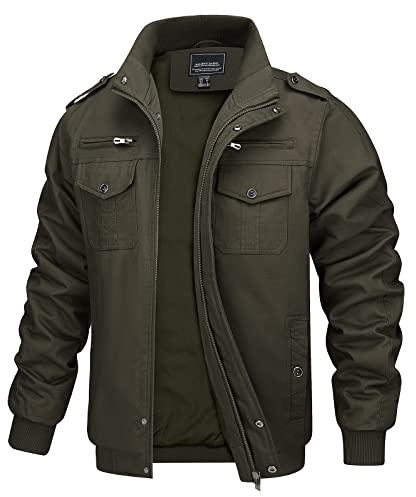 MAGCOMSEN Blouson Homme Demi-Saison Militaire Col-Montant Casual avec Poches Boutons et Zippée pour l’Automne Army Green S