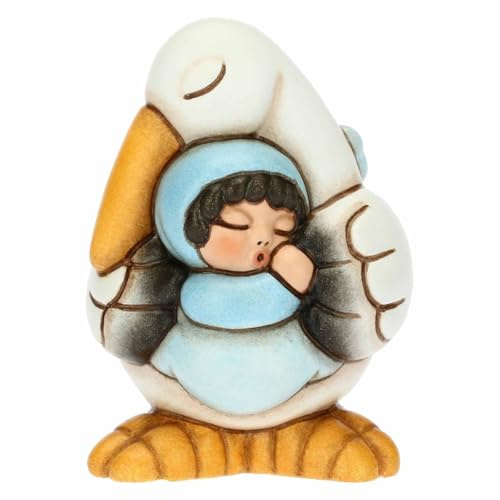THUN, Bomboniera per Nascita e Battesimo con Dolce Cicogna che Porta un Bimbo, Ceramica Decorata a Mano, 5.2x4.5x5.3 cm h