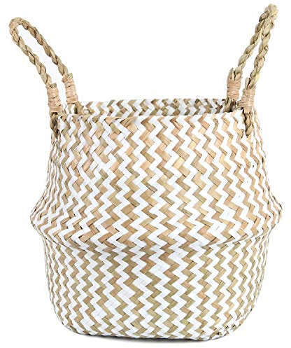 FEILANDUO Cesta de lavandería Tejida de Mimbre, para decoración del hogar, Almacenamiento para, Algas Marinas Tejidas a Mano, Plegable con asa para Organizador, Cubierta de Maceta (blanco, grande)