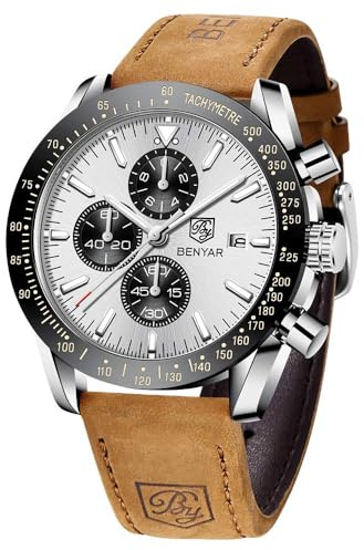 BENYAR BY Orologio Uomo Cronografo Analogico al Quarzo Impermeabile Luminoso Orologi Moda Sportivo Classico Elegante Orologio da Polso Cinturino Pelle Regalo per Uomo