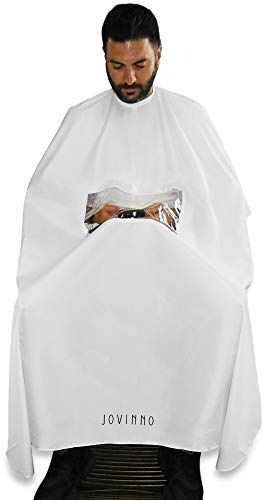 Jovinno - Large Size Professional Quality Hair Cutting Barber/Salon Cape Gown Apron With Mobile Phone Viewing Window, Metal Snap Neck Closure, Hanging Hook (White Cape Window)