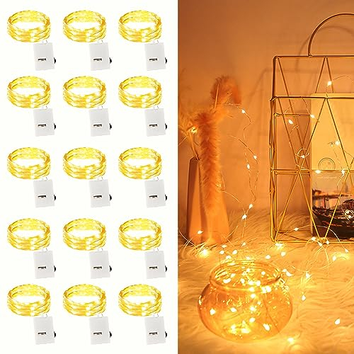 15 pezzi Led Stringa Luci a Batteria, 2M 20 LED Rame filo Ghirlanda Catena Luminose Lucine Fata Luci per Natale Matrimonio Decorative Festa Interno Natalizie letto Camera (Bianco Caldo)