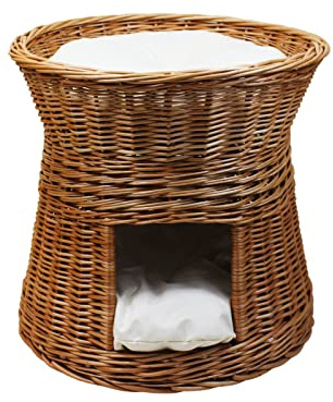 Katzenkorb zum Schlafen – Katzenhütte Indoor – Durchmesser: 47 cm rund – Katzenhöhle aus Weide – Zweistöckiger Hunde – oder Katzenbett – Farbe Rindenweide Natur (Weidenhaus mit Kissen Ecru)