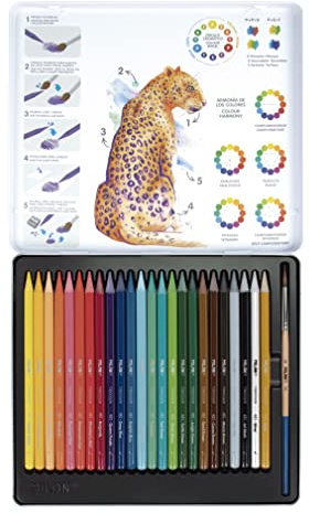 MILAN® Caja metálica 24 lápices de colores 100% mina acuarelable Todocolor + 1 pincel