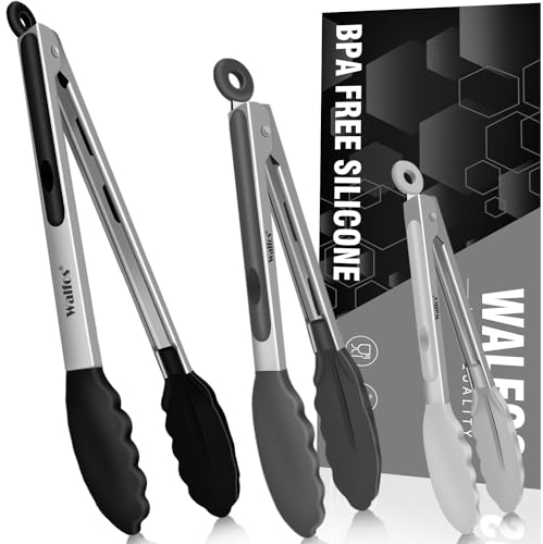 Walfos Silikonzange zum Kochen – hitzebeständige Küchenzangen-Set mit 3 Stück zum Kochen, Grillen, Drehen, Edelstahl und BPA-freie Silikonspitzen (17,8 cm, 22,9 cm und 30,5 cm)