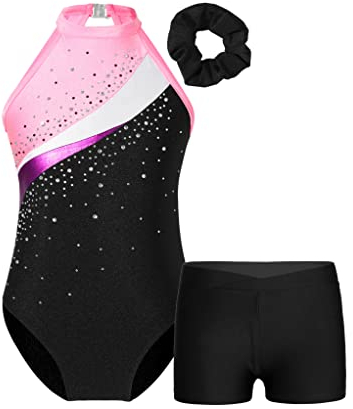 TTAO Gymnastikanzug Mädchen Turnanzug Ärmellos Gymnastikbody mit Haarband und Shorts Gymnastik Training Dancewear A Schwarz&Pink 146-152