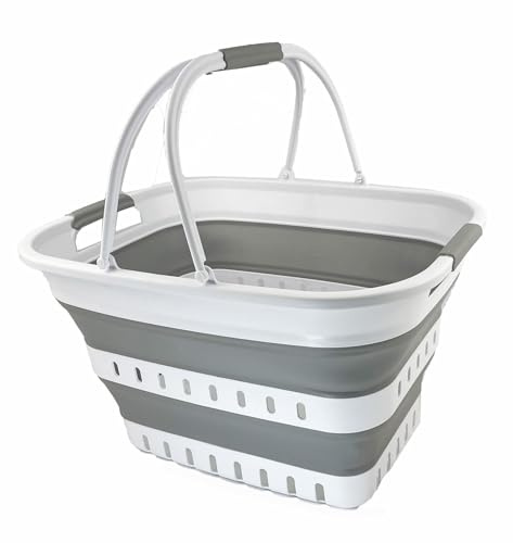 SAMMART 35 l zusammenklappbarer Wäschekorb mit Griffen – tragbarer Outdoor-Picknickkorb/Krater – faltbare Einkaufstasche – platzsparender Aufbewahrungsbehälter (Weiß/Grau)
