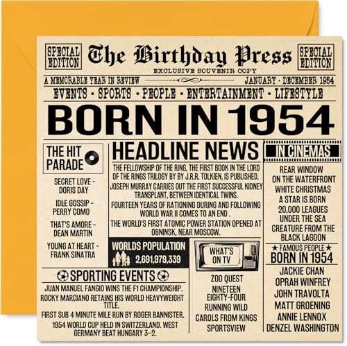 Stuff4 Geburtstagskarte zum 70. Geburtstag für Männer und Frauen | Born in 1954 Zeitung, Geburtstagskarte zum 70. Geburtstag für Großvater, Oma, Vintage-Retro-Stil, zurück im Jahr 1954