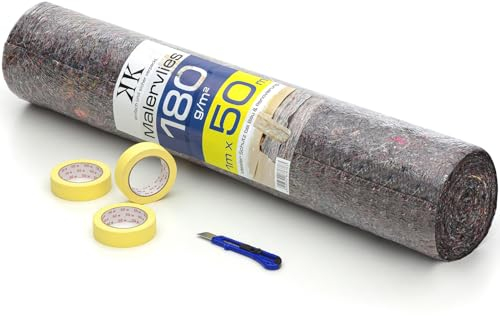 KK Verpackungen® Malerset 5-teilig | Set mit 1m x 50m 180 g/m² Malervlies - 3 Stück 30 mm x 50 m Kreppband - 18 mm Cuttermesser