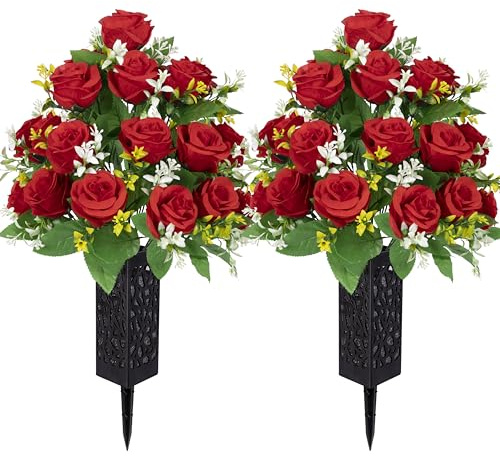 LVXINLI 2 Sets Artificial Cemetery Flowers,Memorial Flowers,Beautiful Arrangements for Headstones,Black Plastic vase with Drainage Hole Long Spikes Outdoor Memorials (red)