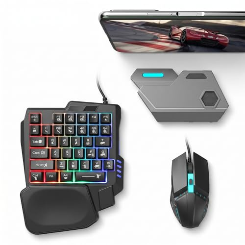 One-Handed Gaming Keyboard Mouse Combo, Bluetooth 5.2, Phone Stand Converter for Tablet Smartphone