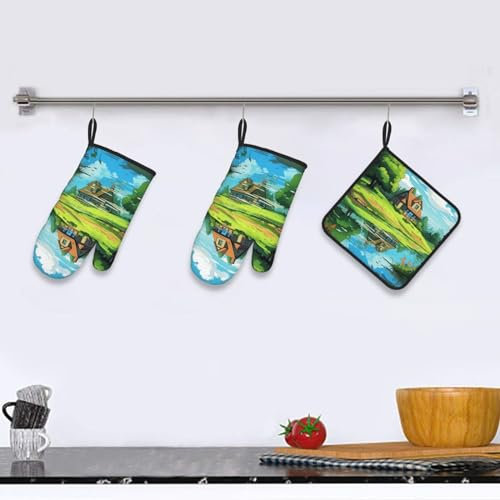 Oven Mitts And Pot Holders Sets of 3 Cartoon Hut Funny Oven Mitt Kitchen Gloves Non-Slip Heat Resistant Pot Pads For Cooking Baking BBQ