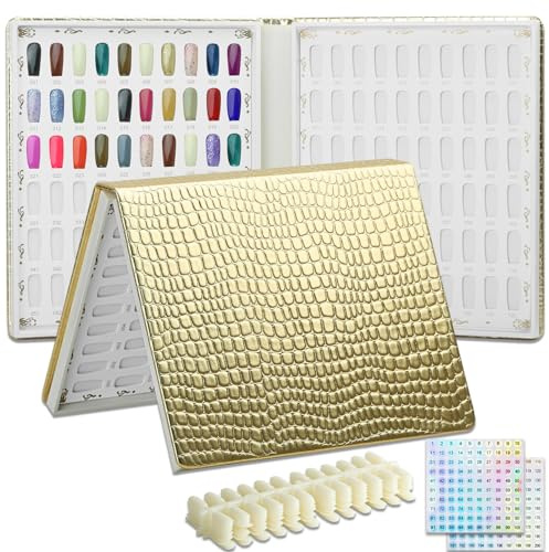 C12rtive 120 colori Nail Swatches Book, Nail Art Nails Colour Display Book con 120 Nail Tips & 1-200 numeri adesivi, Nail Chart Display Book professionale per Gel Polish Nails Art Design (Oro)