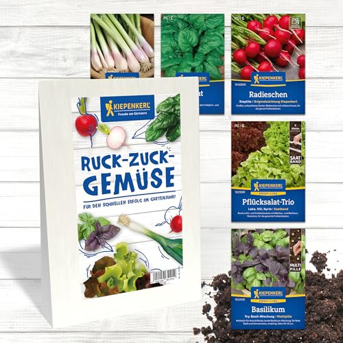 Kiepenkerl Hobby/Profi-Line Gemüsesamen-Set 'Ruck-Zuck-Gemüse' 65101 - Pflücksalat, Spinat, Radieschen, Basilikum, Lauchzwiebel, Aussaat Ratgeber
