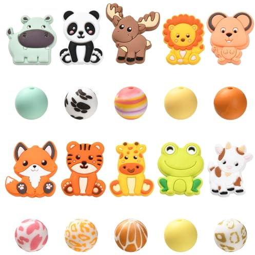 Stiesy 20 Perles en Silicone Animaux Perles Rondes en Silicone Perle Focale Renard Bétail Tigre Perles d'Espacement en Caoutchouc pour Porte-clés DIY Stylos Perlables Fabrication de Bijoux