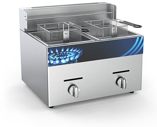 Friteuse à gaz commerciale, friteuse à gaz professionnelle, friteuse de grande capacité 10 L, friteuse en acier inoxydable à contrôle de température avec paniers amovibles, for cuisine de restaurant(S