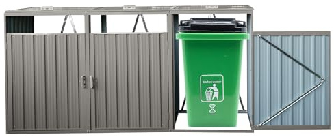 FocusOnHome Garbage Bin Shed Stores 3 Trash Cans Metal Outdoor Bin Shed for Garbage Storage,Stainless Galvanized Steel, Bin Shed for Garden Yard Lawn,Grey, Gray