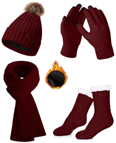 CheChury Mütze Schal Handschuh Sets Damen Socken Wintermütze mit Bommel Fleece Gefütterte Touchscreen Handschuhe Wärmer Lange Strickmütze Schal Warm Beanie Mütze Socken 4 Stück Set Gestrickte Winter