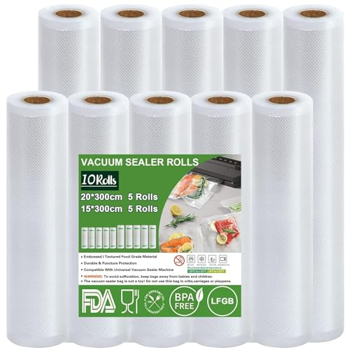 Omtofo Bolsas Vacio Alimentos, 10 Rollos 15x300cm-5Rollos + 20x300cm-5Rollos, Bolsas para Envasar al Vacio Alimentos, Conservación, Envasadora al Vacio, BPA Free, Sous Vide