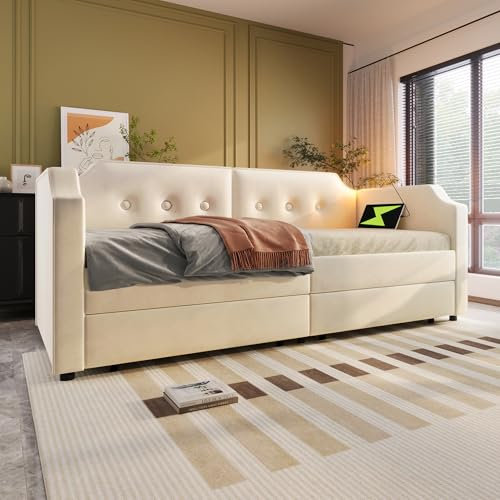 Soweiz Gepolstertes Schlafsofa mit Lattenrost und Stauraum, geeignet für Kinder, Gäste und Jugendliche, 90 x 200 cm (Beige Samt)