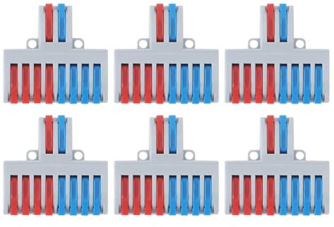 6 Morsettiere 2 in 8 Uscite, Connettori di Giunzione per Cavi Elettrici a Leva, Spelatura 10 Mm, con Nylon Ignifugo, per Elettrodomestici